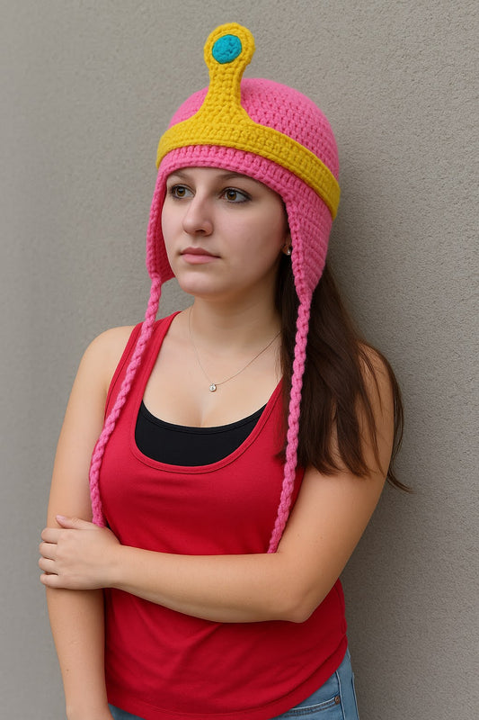 Crochet Princess Bubblegum Inspired Hat • Adventure Time Fan Art Cosplay Beanie with Crown & Braided Ties
